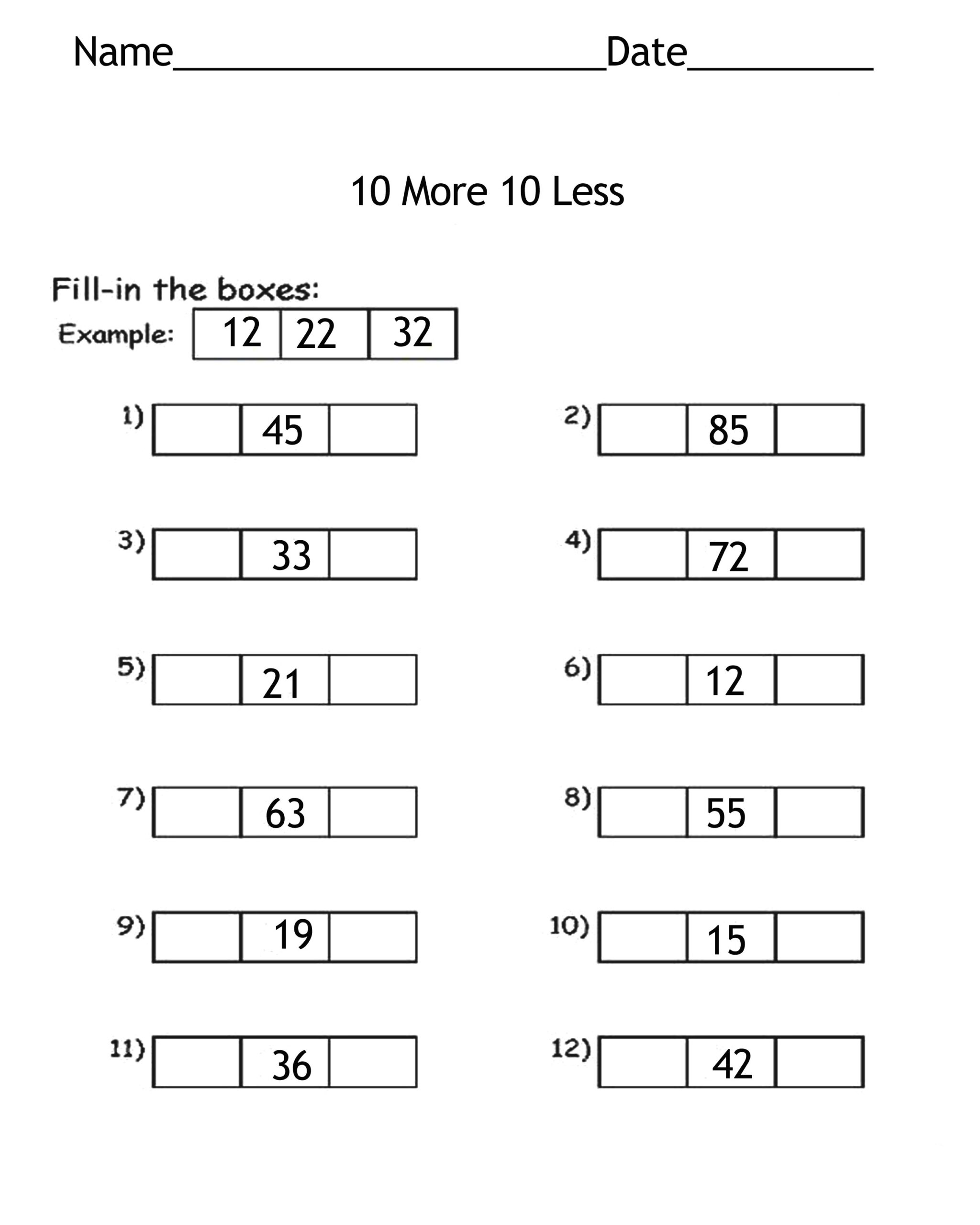 ten more ten less worksheets