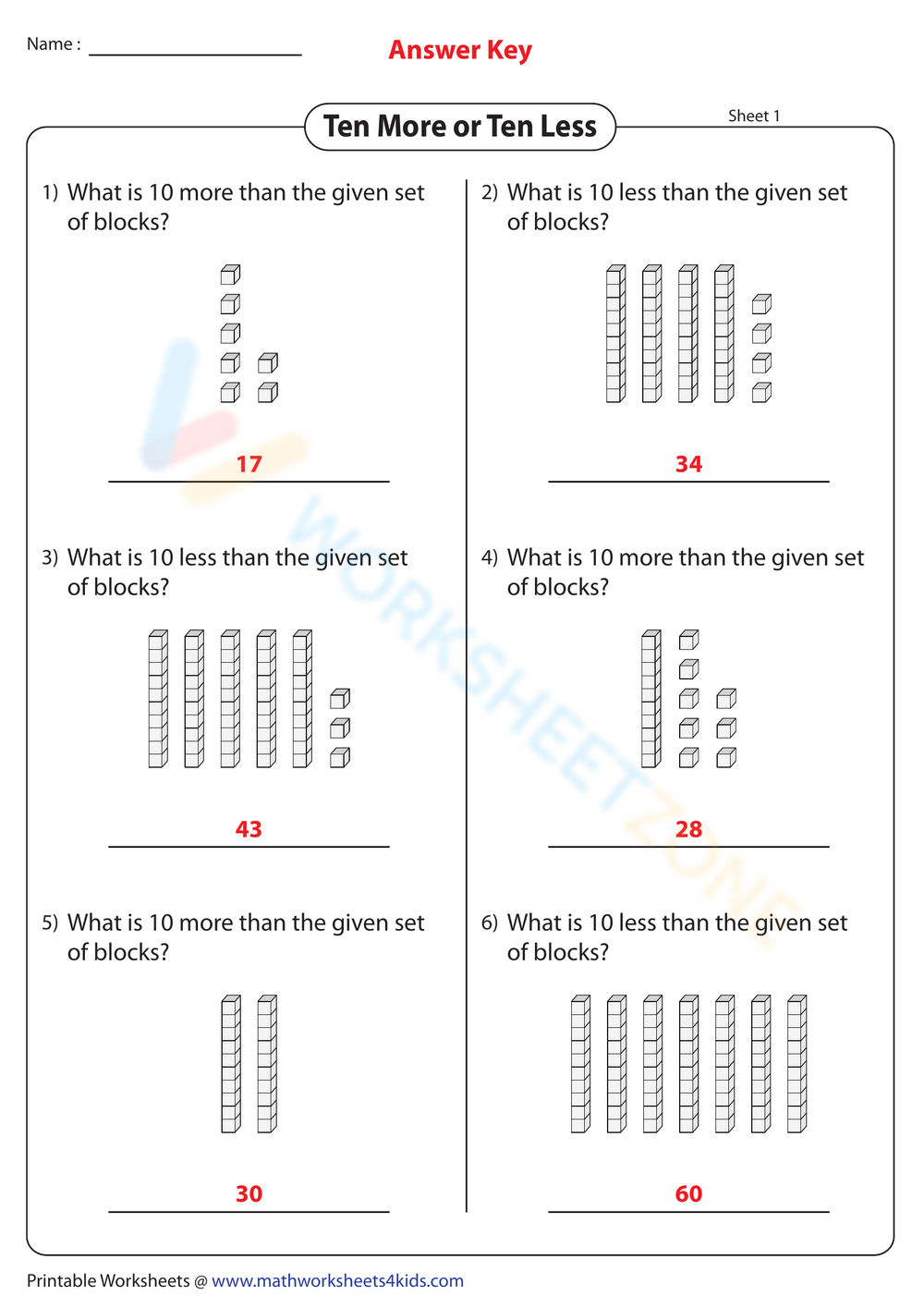 10 More 10 Less Worksheets