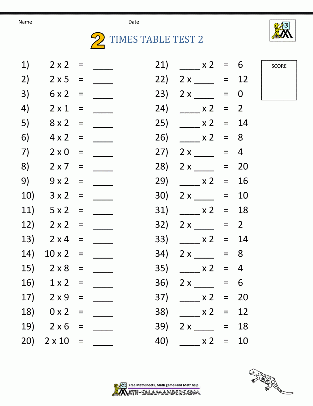 2 Times Table Worksheet Page 2 Times Table Worksheet Page