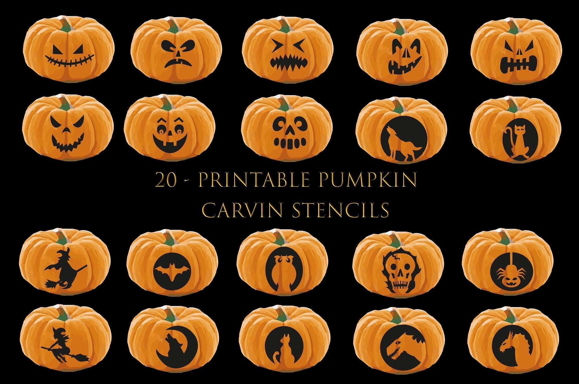 20 Halloween Pumpkin Carving Stencils Jack O Lantern Faces digital Download Etsy