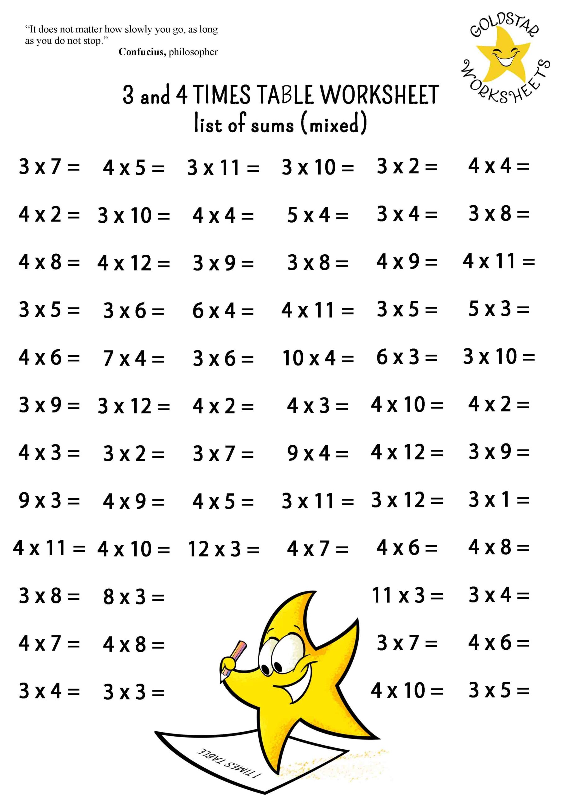 3 4 Times Tables On One Page Free Colorful Multiplication Sheets