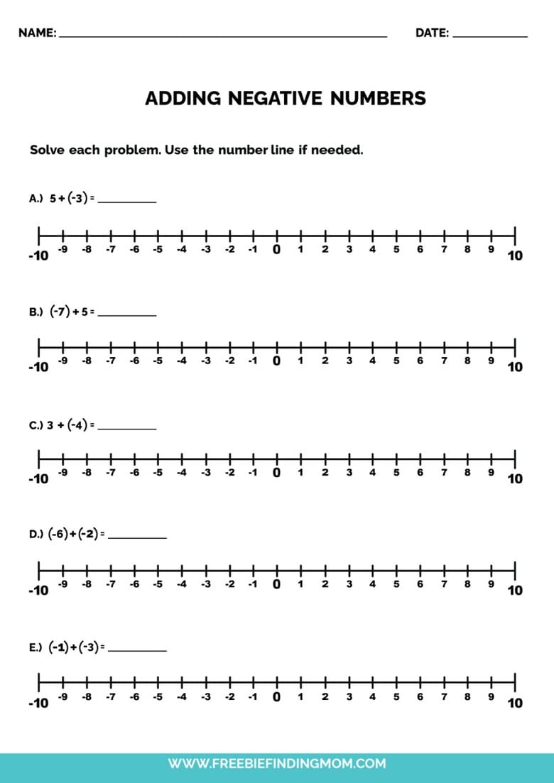 addition and subtraction negative numbers worksheets