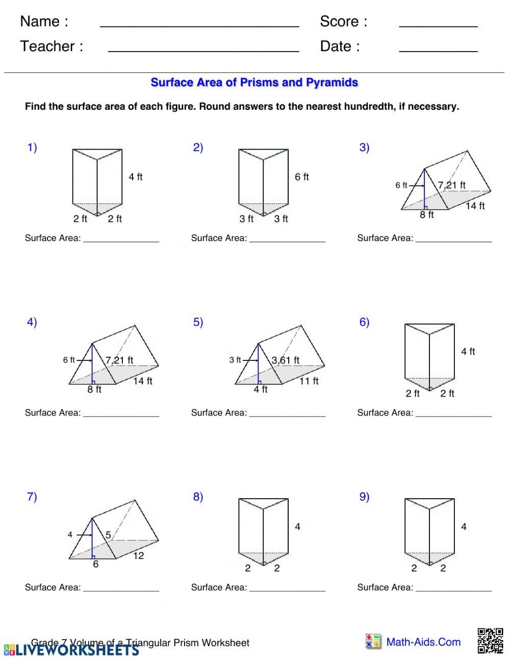 4 20 20 Grade 7 Volume Of A Triangular Prism Worksheet Online Worksheets Library
