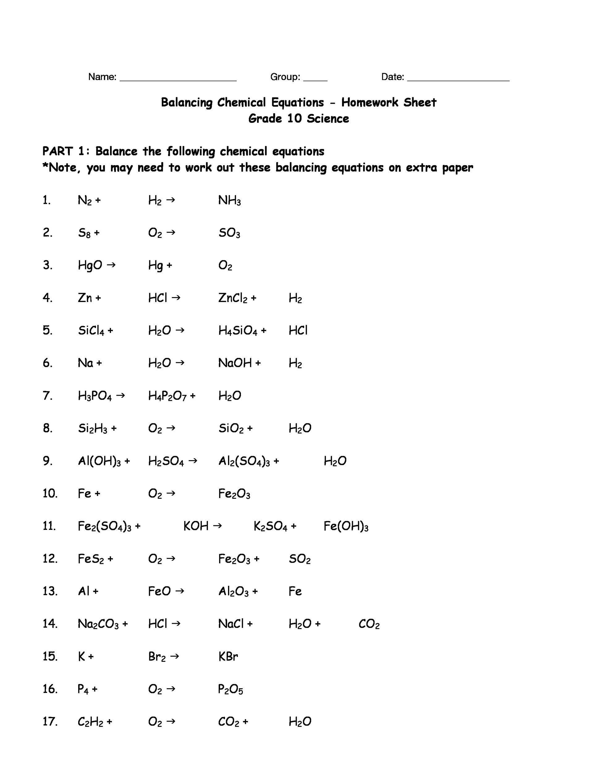 chemical equations balancing equations worksheet