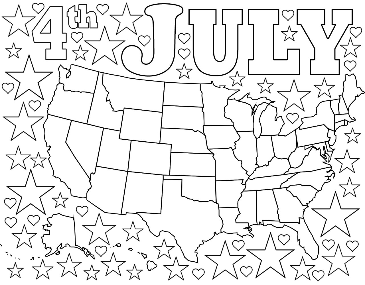 4th July Coloring Page Map Of USA With Stars And Hearts Rooftop Post Printables
