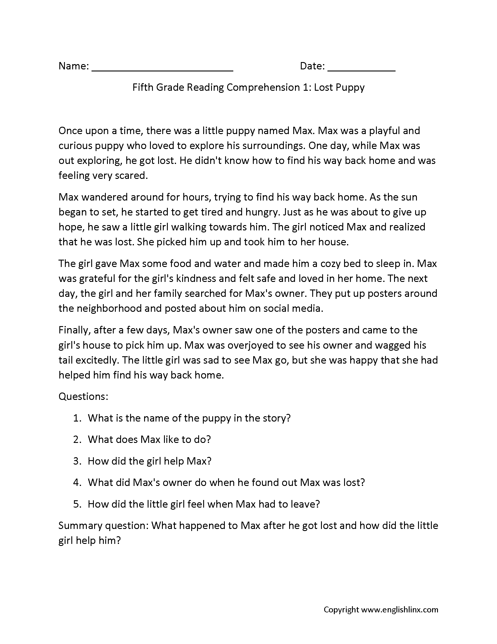 reading comprehension worksheets for fifth graders