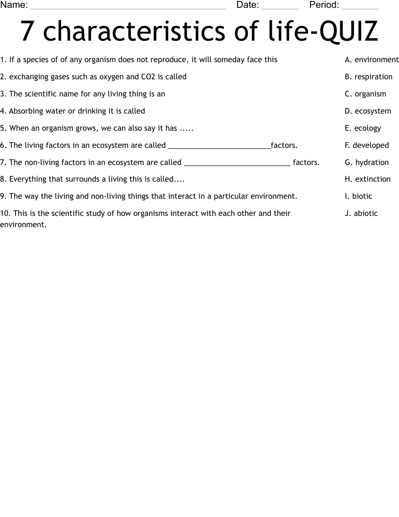 7 Characteristics Of Life QUIZ Worksheet WordMint 7 Characteristics Of Life QUIZ Worksheet WordMint