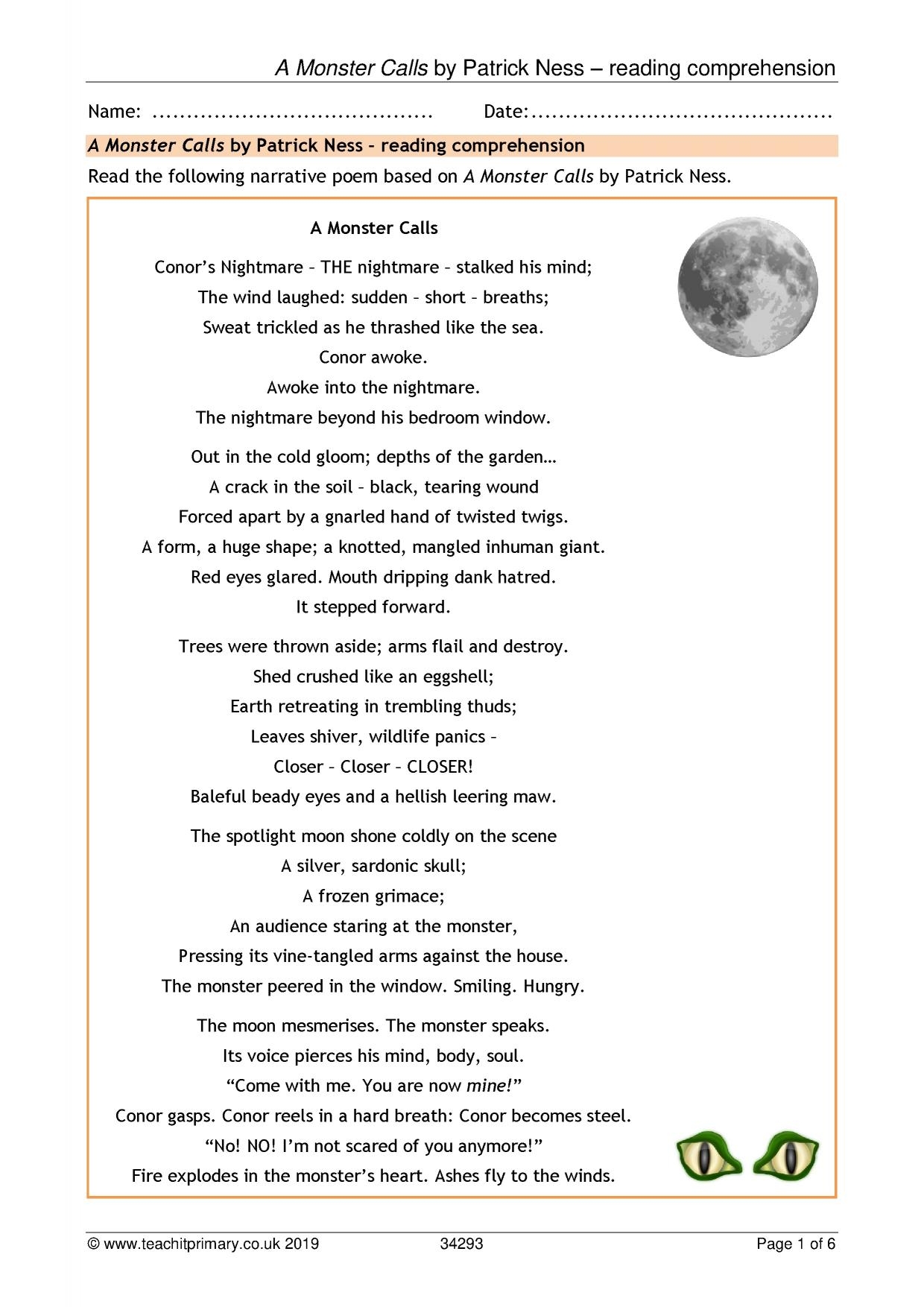 A Monster Calls Reading Comprehension KS2 English Teachit