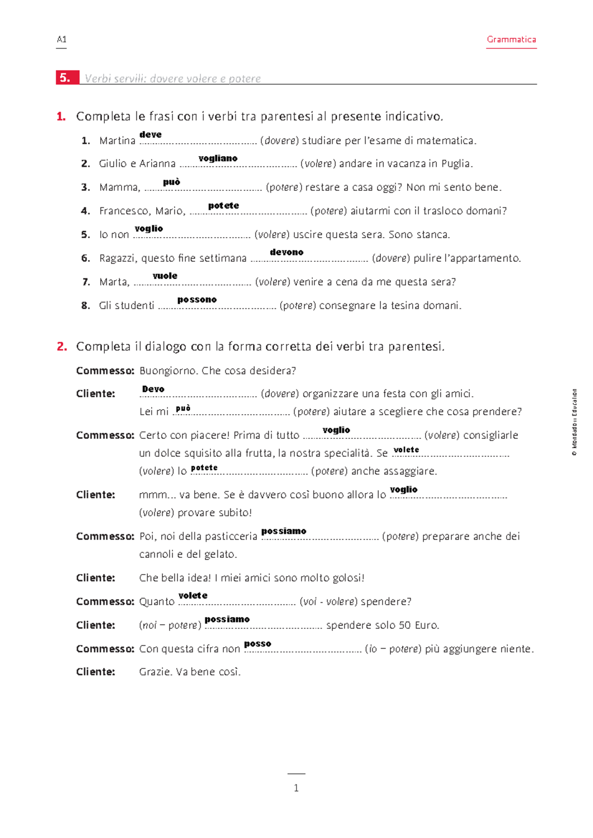 A1 Grammatica 05 Esercizi Su Verbi Servili Dovere Volere Potere Studocu
