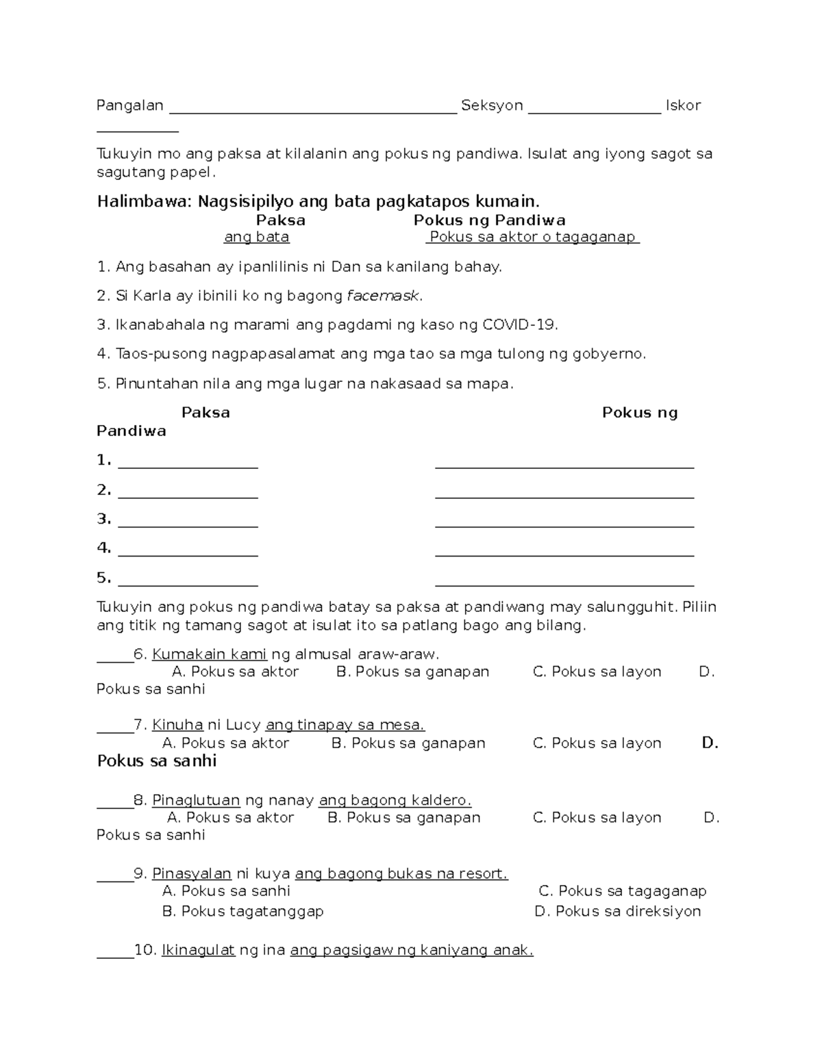 pokus ng pandiwa worksheets pokus ng pandiwa worksheets