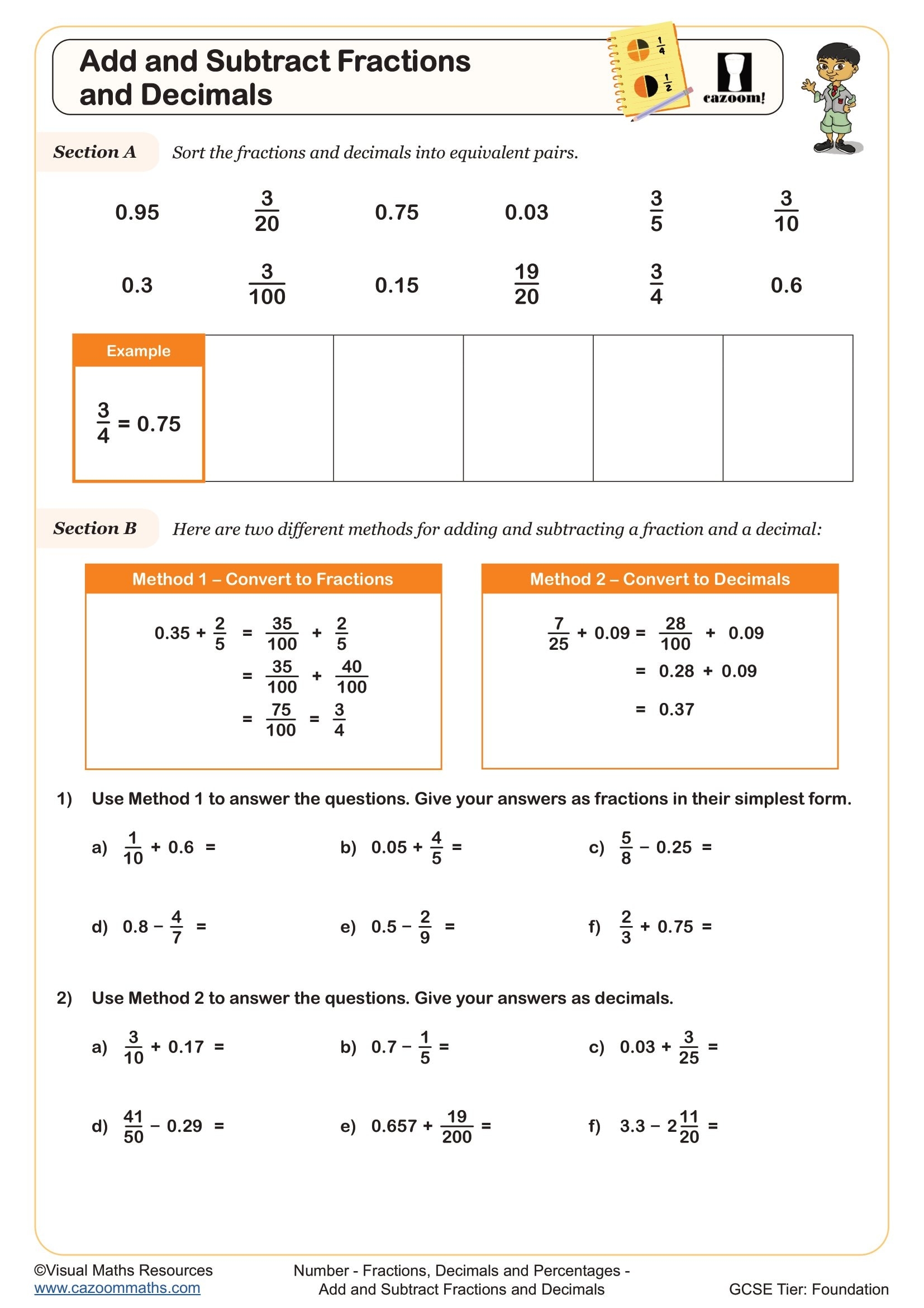 Add And Subtract Fractions And Decimals Worksheet Printable PDF For Year 8 And Year 9 Number Worksheet