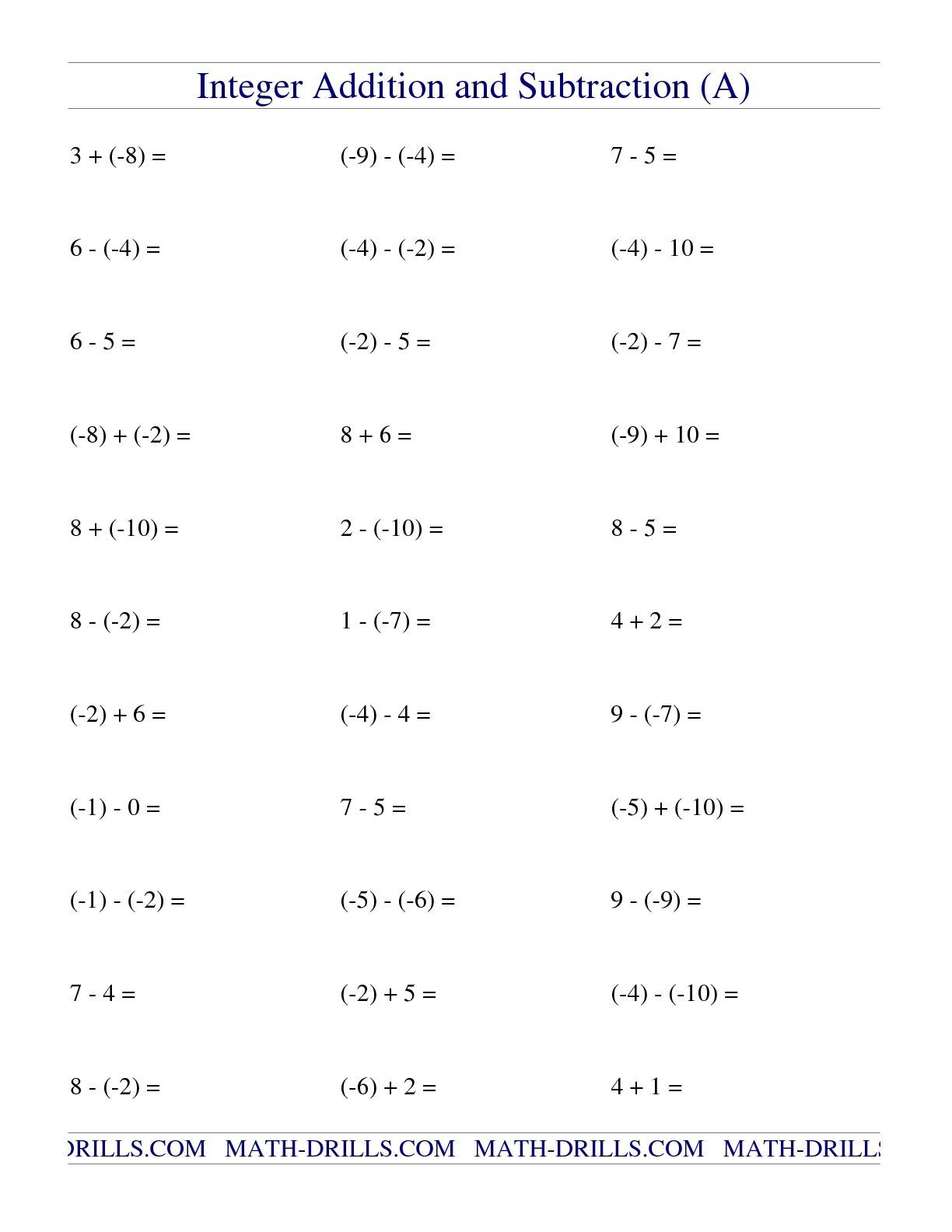 Add And Subtract Integers Worksheet For 6th 8th Grade Lesson Worksheets Library