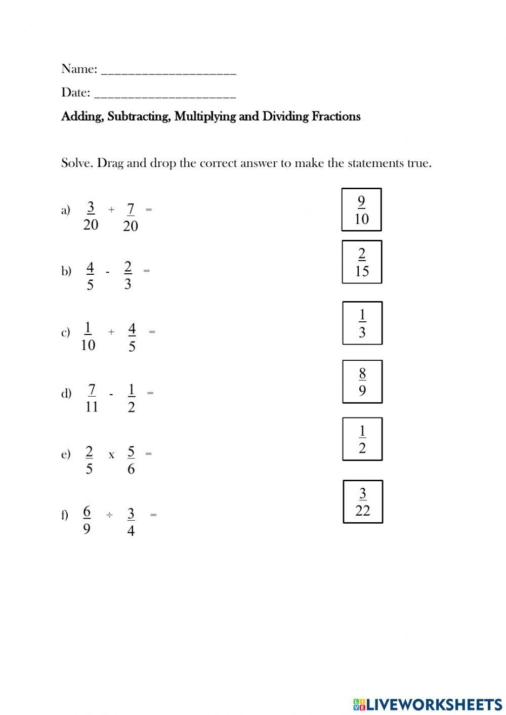 Add Subtract Multiply And Divide Fractions Worksheet Live Worksheets Library Add Subtract Multiply And Divide Fractions Worksheet Live Worksheets Library