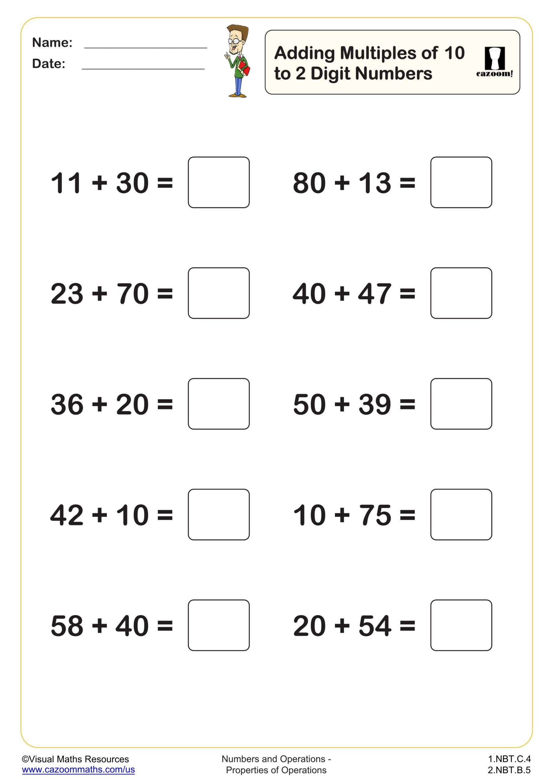 Adding 2 Digit Numbers Without Regrouping 10 Questions 2nd Grade PDF Addition Worksheets Cazoom Math