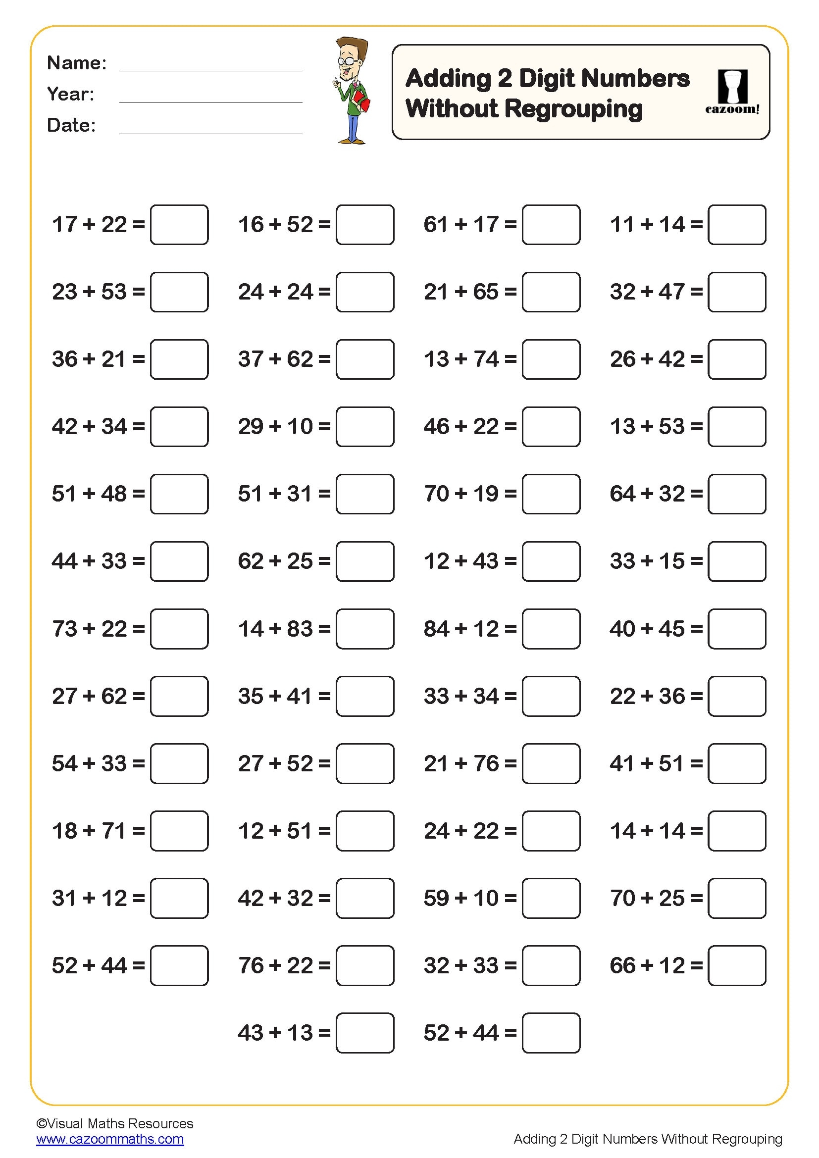 Adding 2 Digit Numbers Without Regrouping Worksheet 50 Questions Key Stage 2 PDF Addition Worksheets