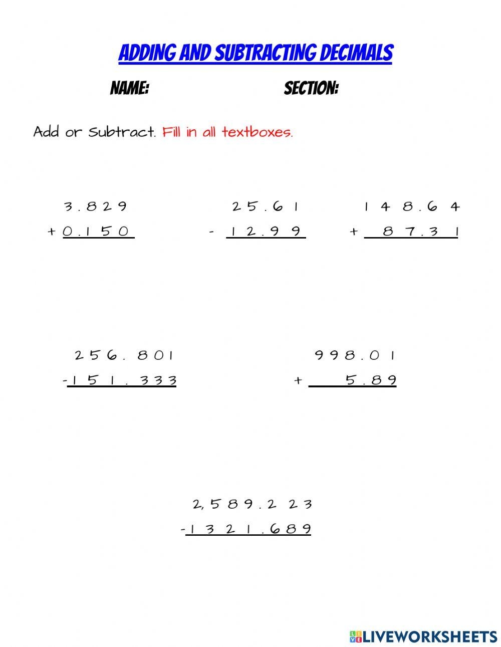 Adding And Subtracting Decimals Activity For 5th Grade Live Worksheets Library Adding And Subtracting Decimals Activity For 5th Grade Live Worksheets Library