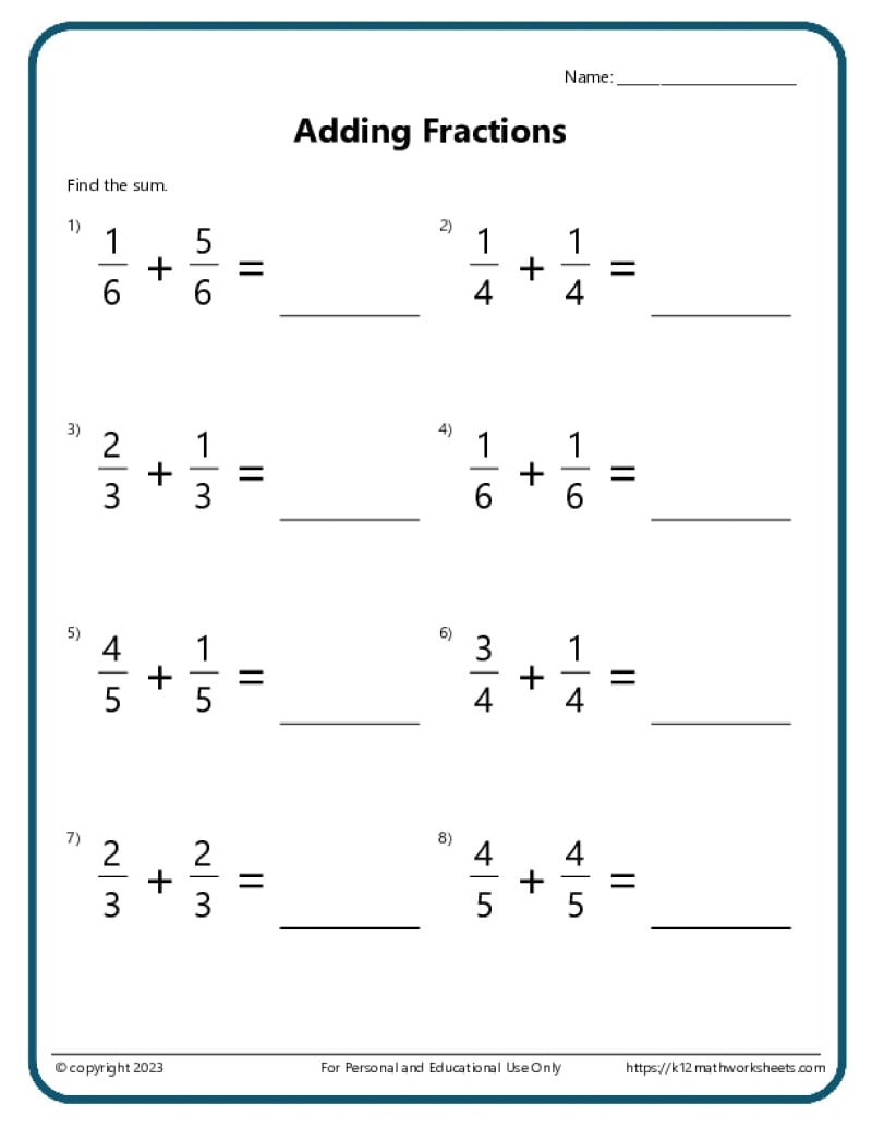 Adding And Subtracting Fractions Worksheets