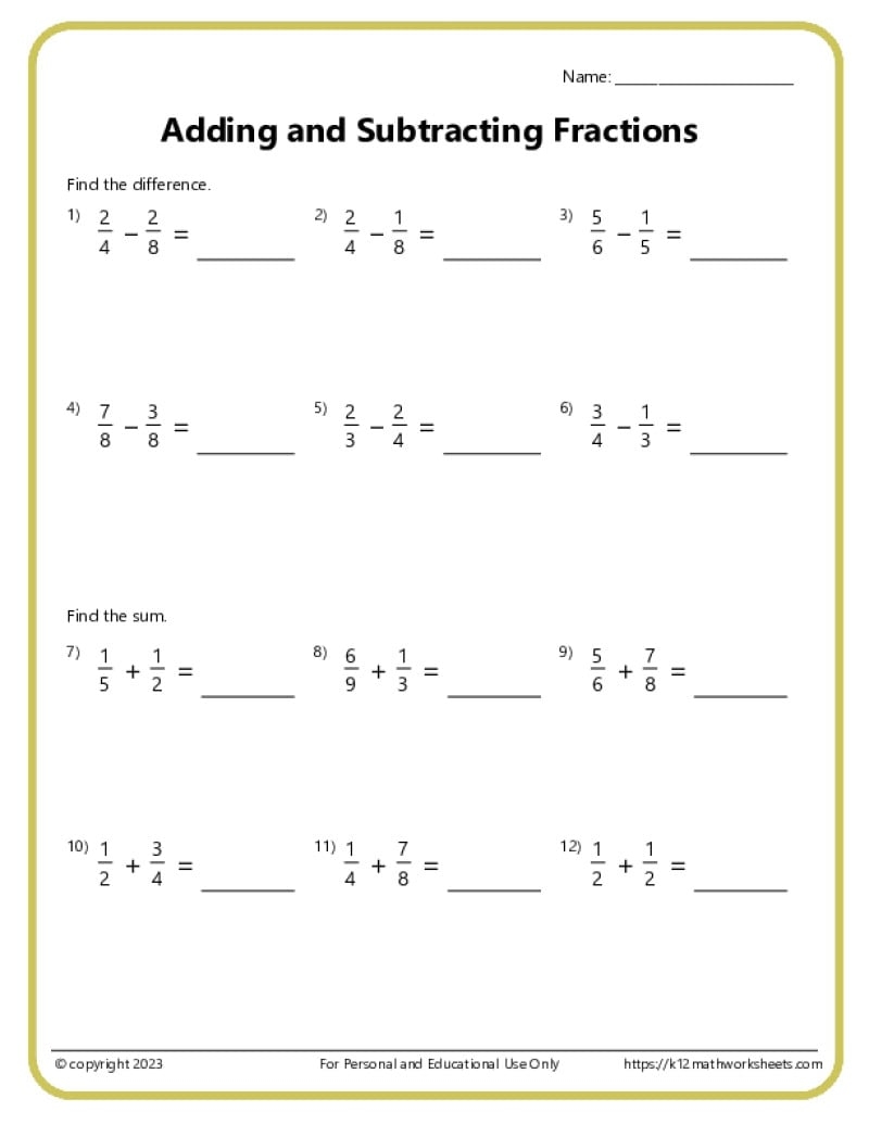 Adding And Subtracting Fractions Worksheets Adding And Subtracting Fractions Worksheets