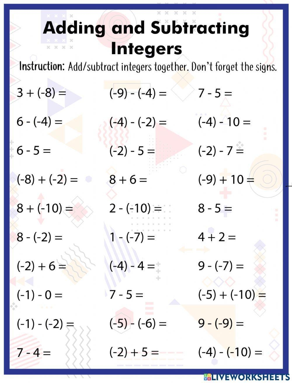 Adding And Subtracting Integers Worksheet For 3 Live Worksheets Worksheets Library Adding And Subtracting Integers Worksheet For 3 Live Worksheets Worksheets Library