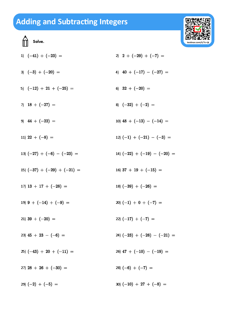 addition of integers worksheet