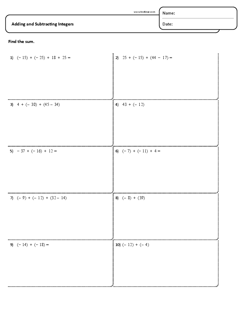 integer addition and subtraction worksheet integer addition and subtraction worksheet