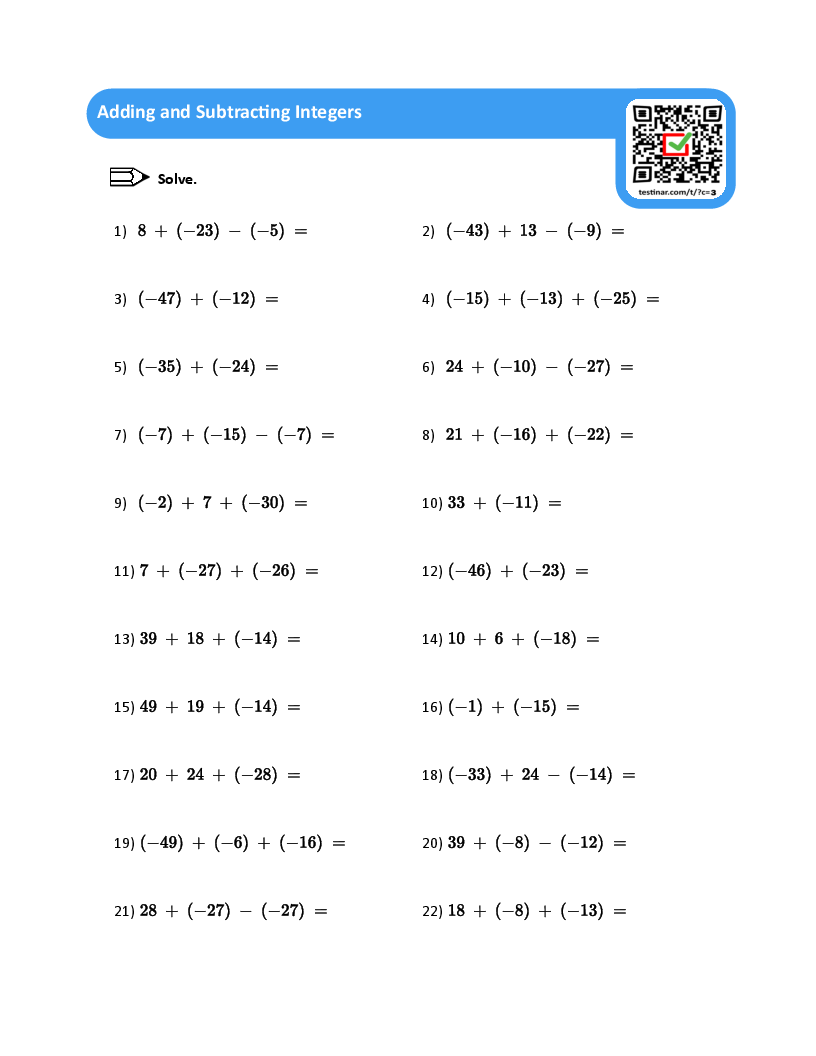 adding and subtracting integers worksheet pdf