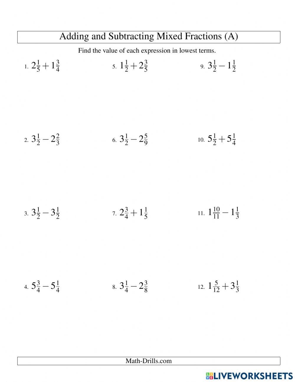 Adding And Subtracting Mixed Numbers With Unlike Denominators Worksheets Library