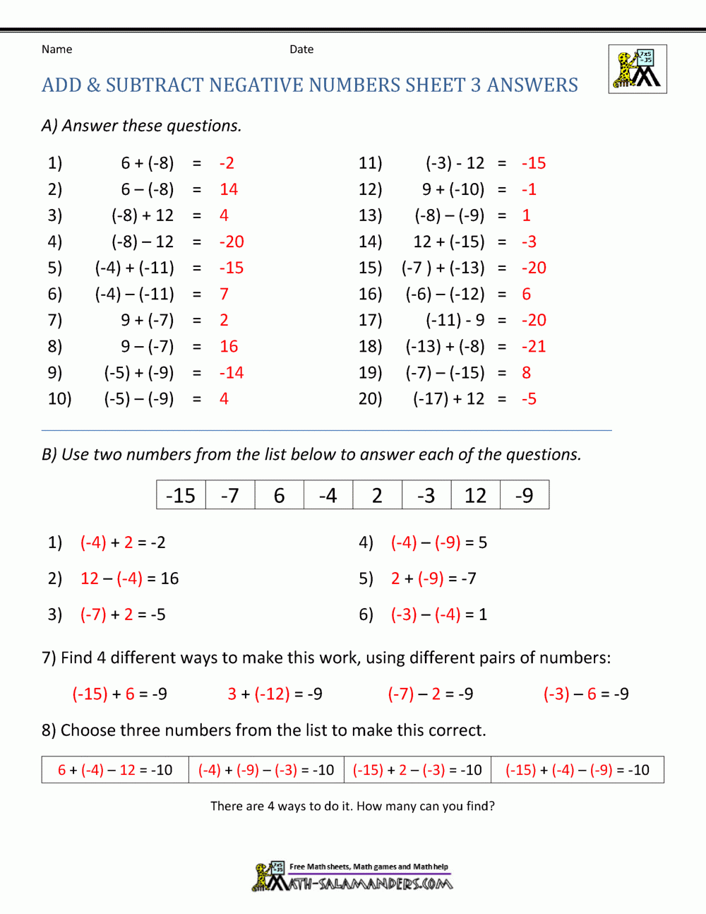 Adding And Subtracting Negative Numbers Adding And Subtracting Negative Numbers
