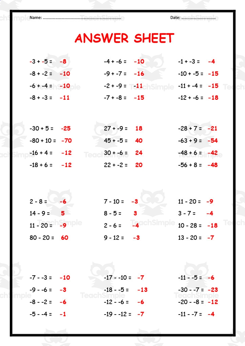 Adding And Subtracting Positive And Negative Numbers Practice Sheet B By Teach Simple