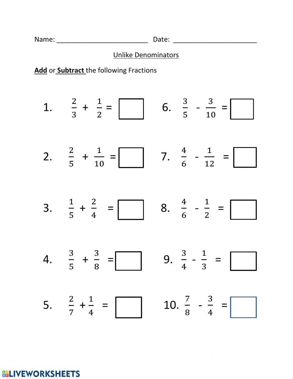 Adding And Subtracting Unlike Denominators Worksheet Live Worksheets Worksheets Library Adding And Subtracting Unlike Denominators Worksheet Live Worksheets Worksheets Library
