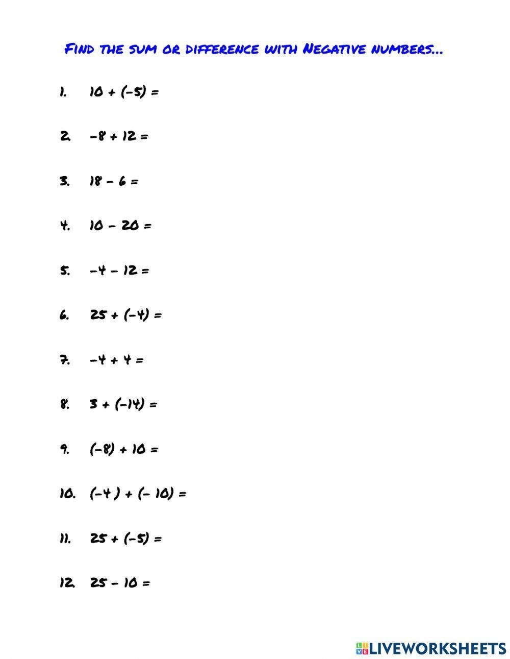 Adding And Subtracting With Negative Integers Worksheet Live Worksheets Library Adding And Subtracting With Negative Integers Worksheet Live Worksheets Library