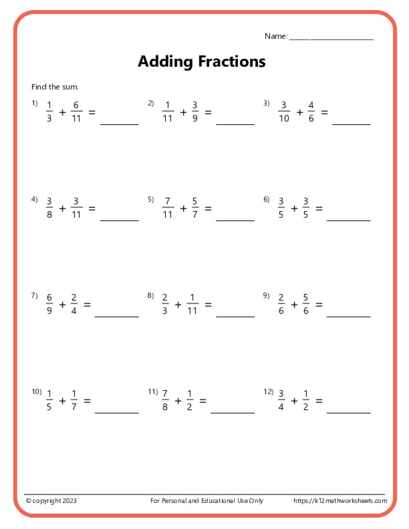 Adding Fractions With Unlike Denominators Worksheets