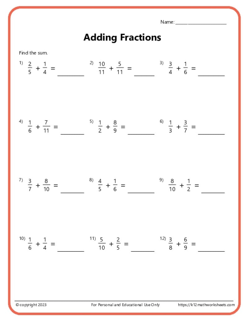 Adding Fractions With Unlike Denominators Worksheets Adding Fractions With Unlike Denominators Worksheets