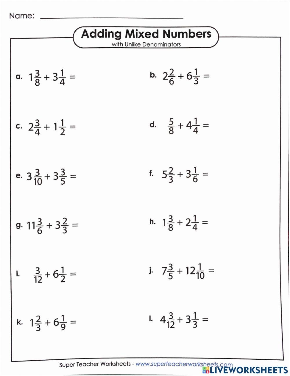 Adding Mixed Numbers With Unlike Denominators Online Exercise For Worksheets Library