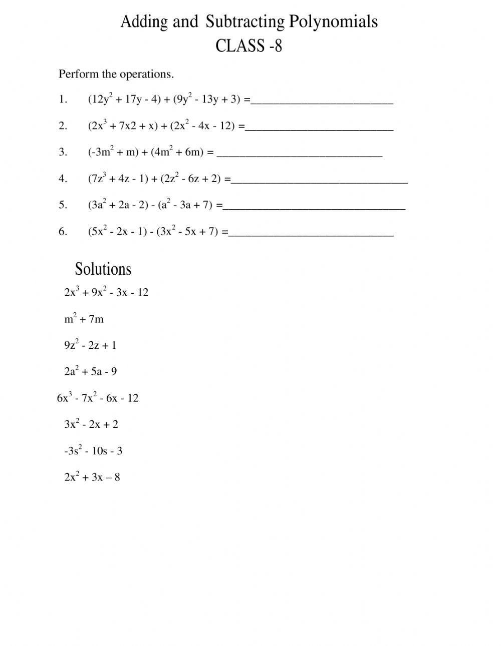 Addition And Subtraction Of Polynomials Interactive Worksheet Worksheets Library