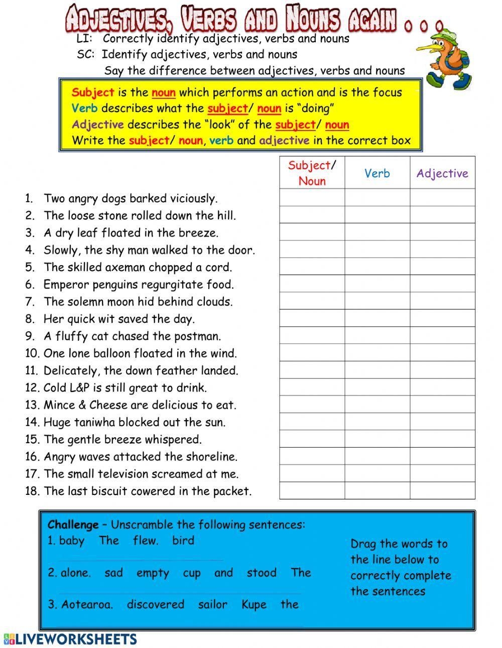 Adjectives Verbs And Nouns Again Worksheet Live Worksheets Worksheets Library