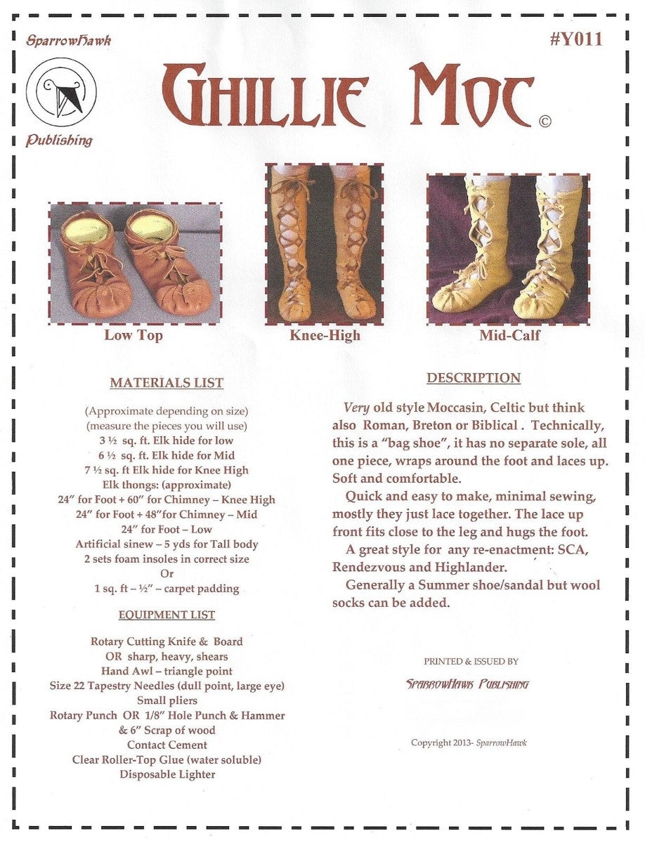 Adult s Ghillie Moccasin In Low Top Knee High And Mid Calf Styles SparrowHawk Sewing Pattern Y011 Celtic Roman Breton Biblical SCA