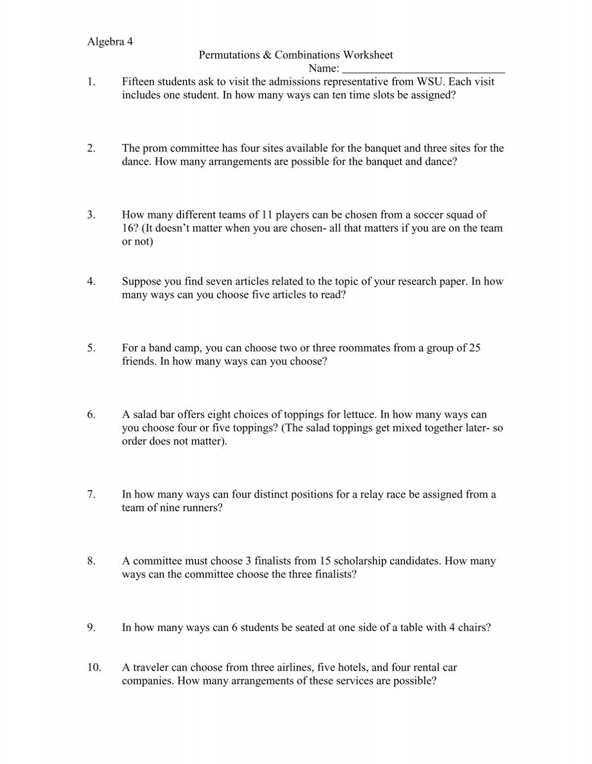 Algebra 4 Permutations Combinations Worksheet Name 1 Fifteen