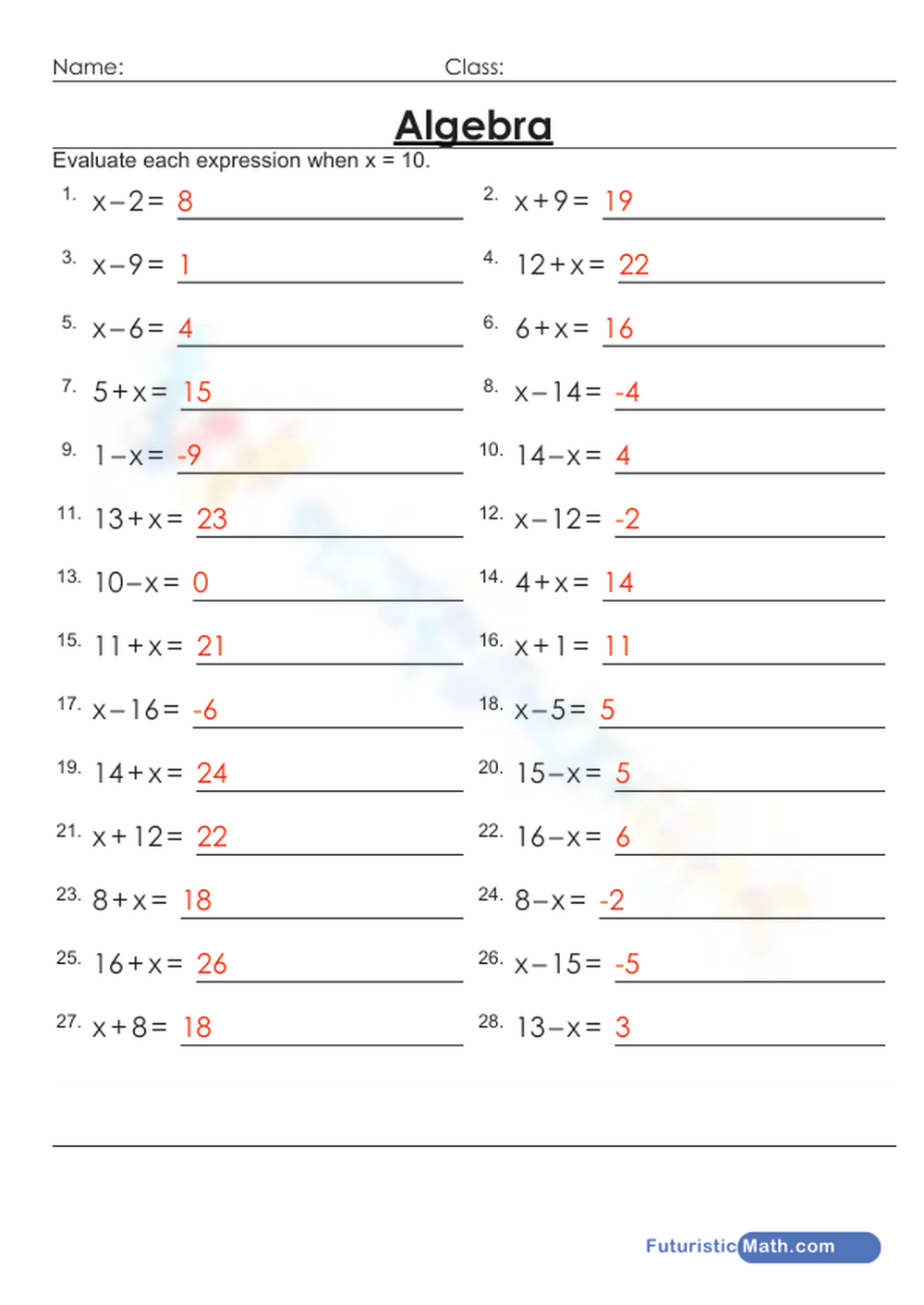 Algebra Evaluating Expressions Worksheet Worksheets Library