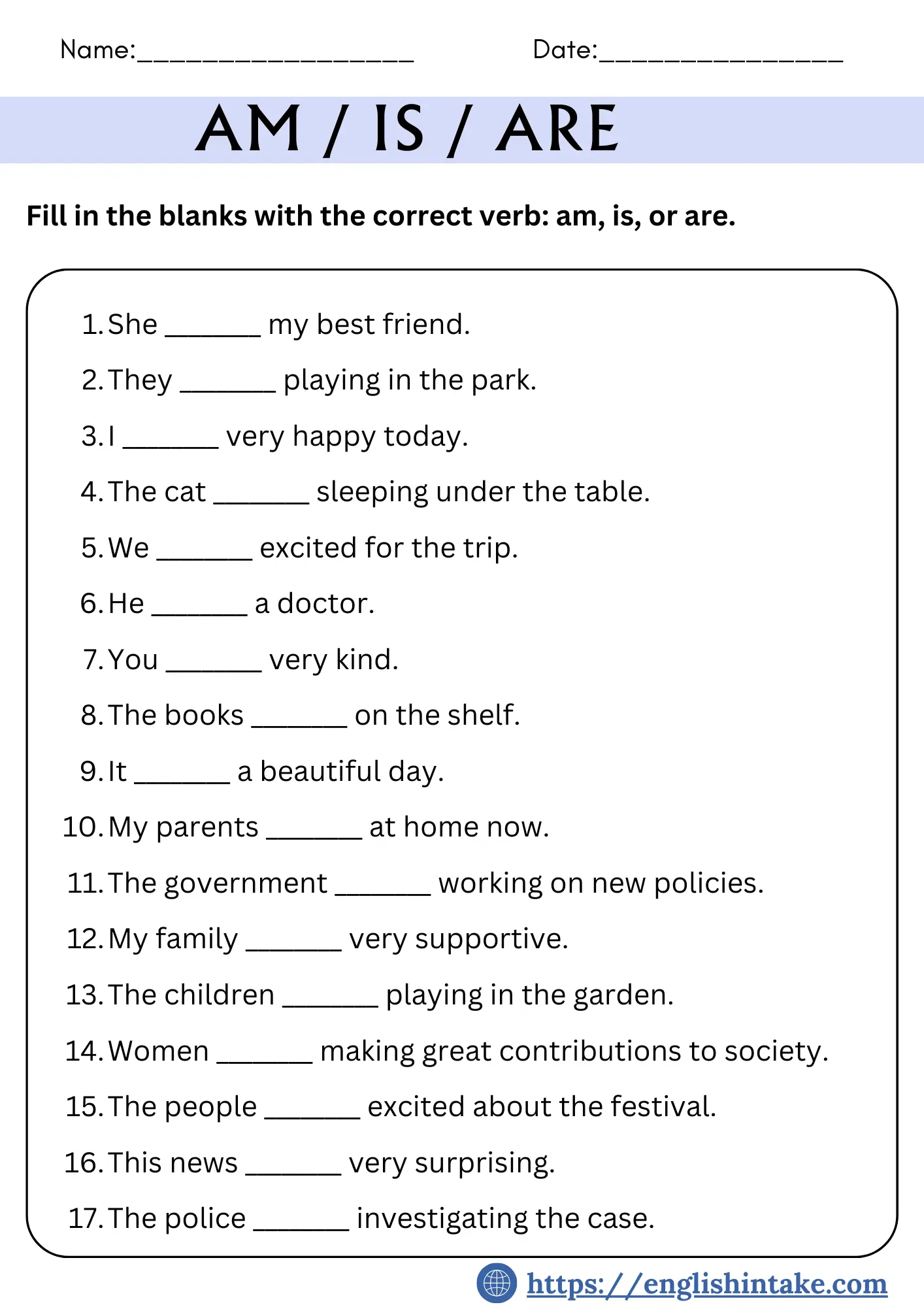 Am Is Are Exercises With Answers