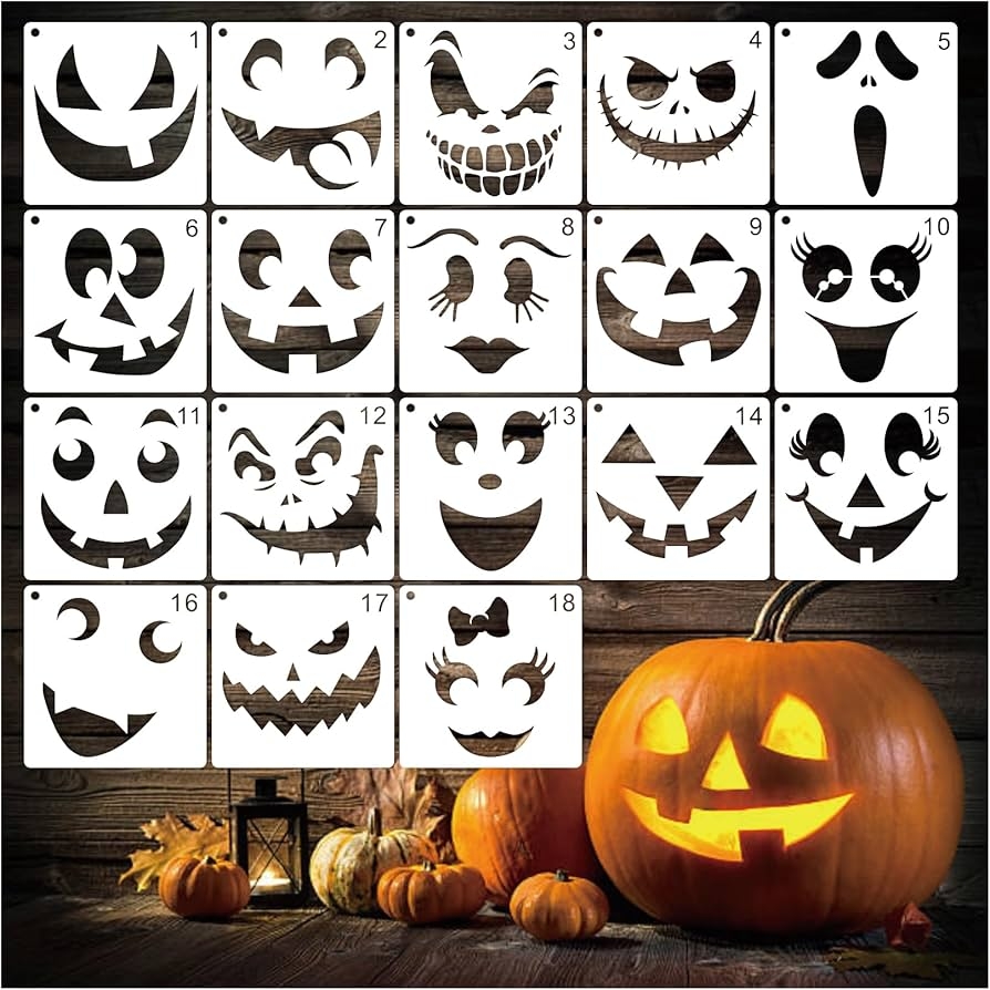 Amazon 18pcs Halloween Pumpkin Faces Stencils For Crafts Reusable Painting Stencils Drawing Stencil For DIY Pumpkin Carving Wood Wall Decoration 18 Face 5 9in Arts Crafts Sewing