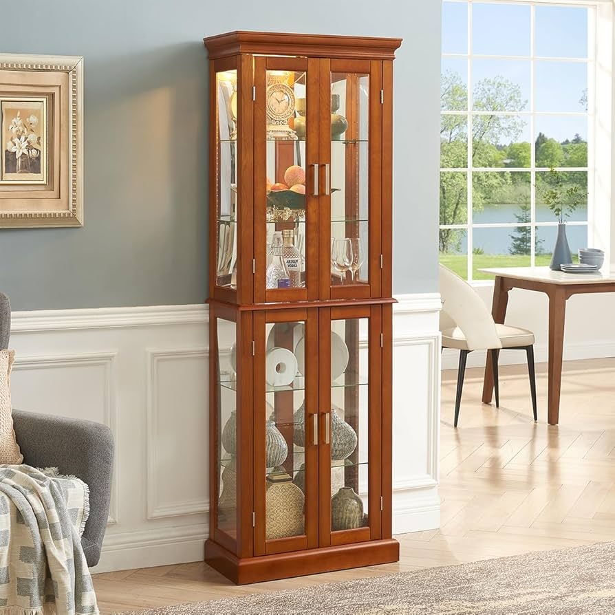 Amazon YiaFurio Armario De Esquina De Cristal Con Luces Estantes Ajustables Y Marco De Madera Vitrina Iluminada Para Cocina Sala De Estar Oficina independiente Bombilla No Incluida Hogar Y Cocina