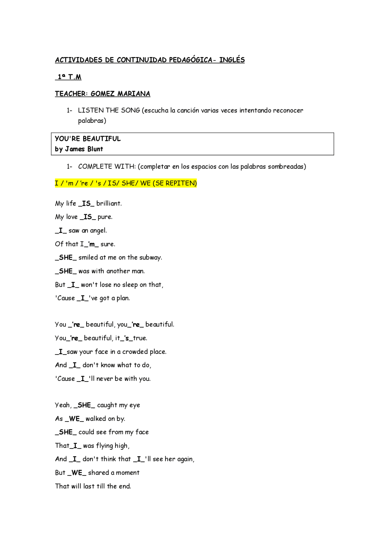 An lisis L rico De La Canci n You re Beautiful De James Blunt Continuidad Pedag gica Ejercicios De Ingl s Docsity An lisis L rico De La Canci n You re Beautiful De James Blunt Continuidad Pedag gica Ejercicios De Ingl s Docsity