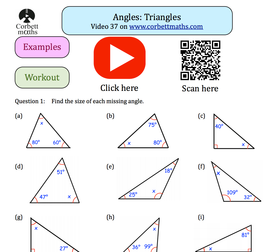 Angles In A Triangle Textbook Exercise Corbettmaths Worksheets Library