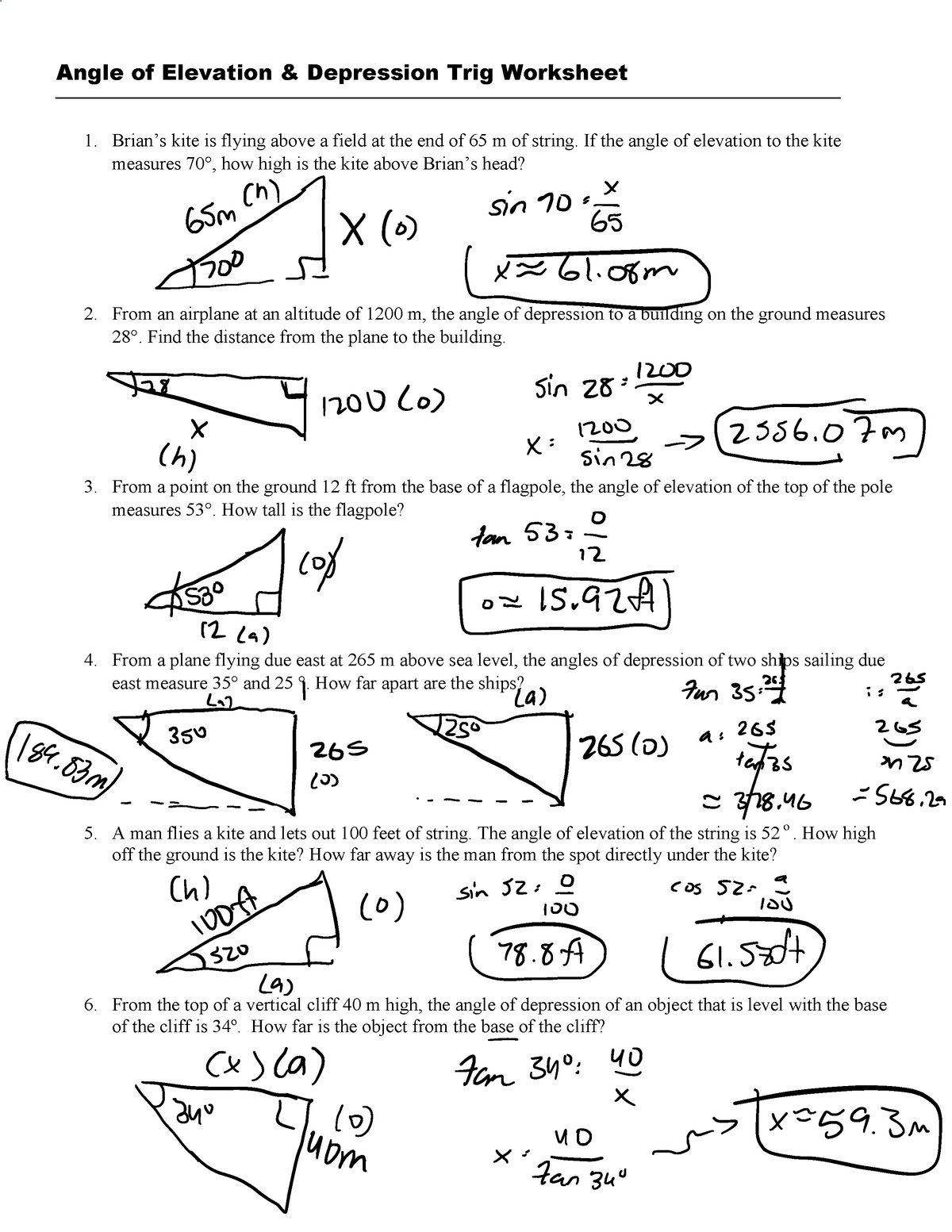 Angles Of Elevation And Depression Practice Angle Of Elevation Worksheets Library