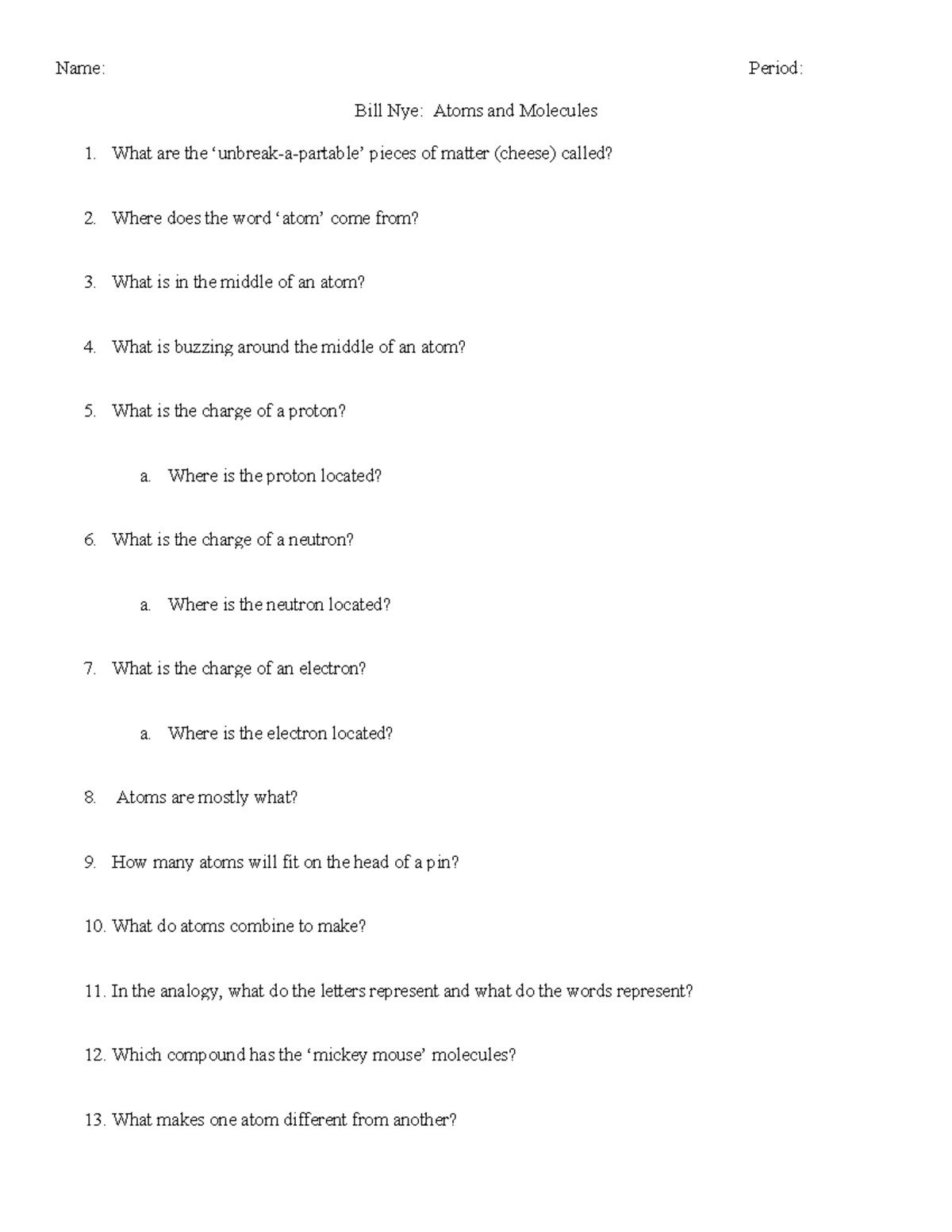 bill nye atoms and molecules worksheet