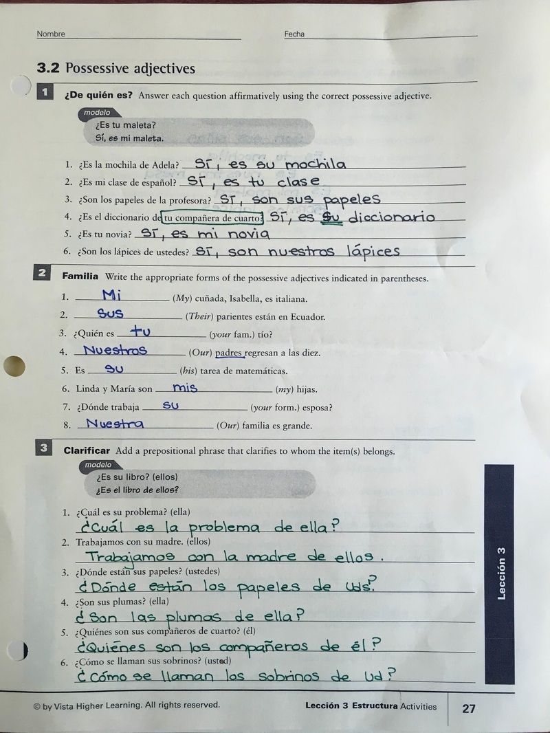 Answer Key For Possessive Adjectives Handout Skyline High School Spanish Answer Key For Possessive Adjectives Handout Skyline High School Spanish