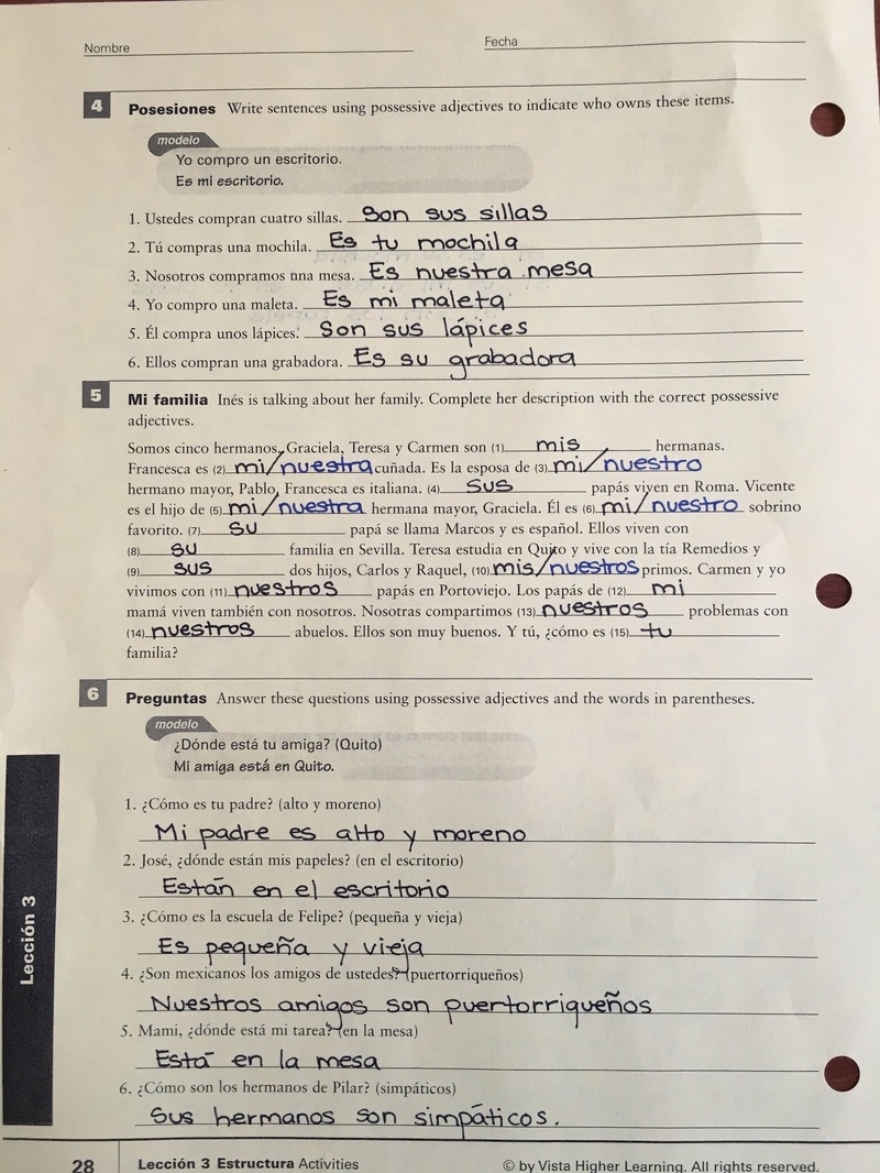 Answer Key For Possessive Adjectives Handout Skyline High School Spanish