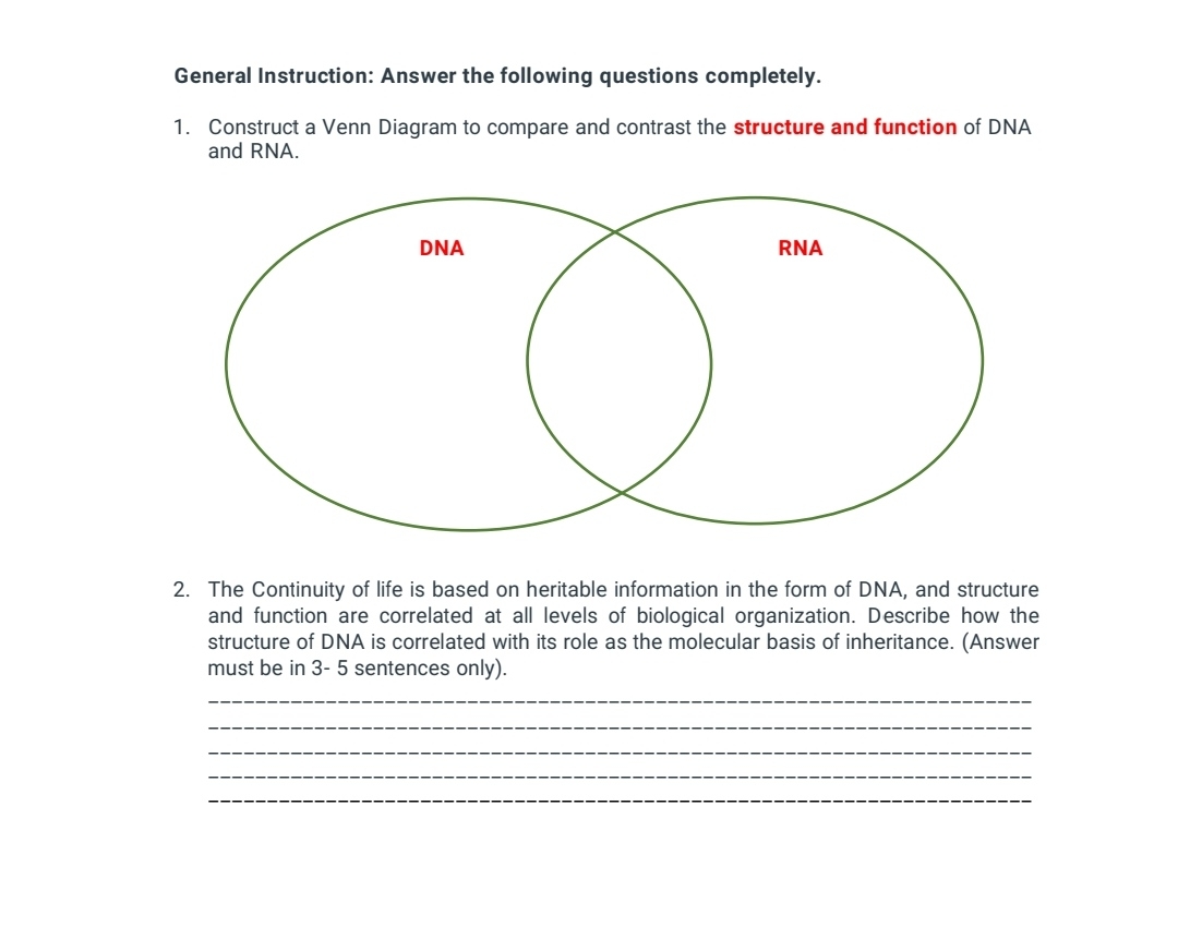 Answered 1 Construct A Venn Diagram To Compare And Contrast The Structure And Function Of DNA And RNA DNA RNA 2 The Continuity Of Life Is Based On Heritable Bartleby