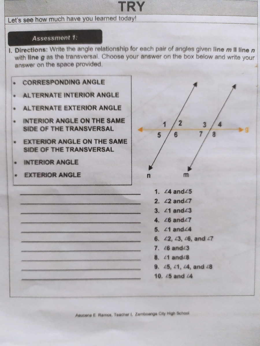 Answered Assessment 1 1 Directions Write The Angle Relationship For Each Pair Of Angles Given Line M II Line N With Line G As The Transversal Choose Your Answer On Bartleby